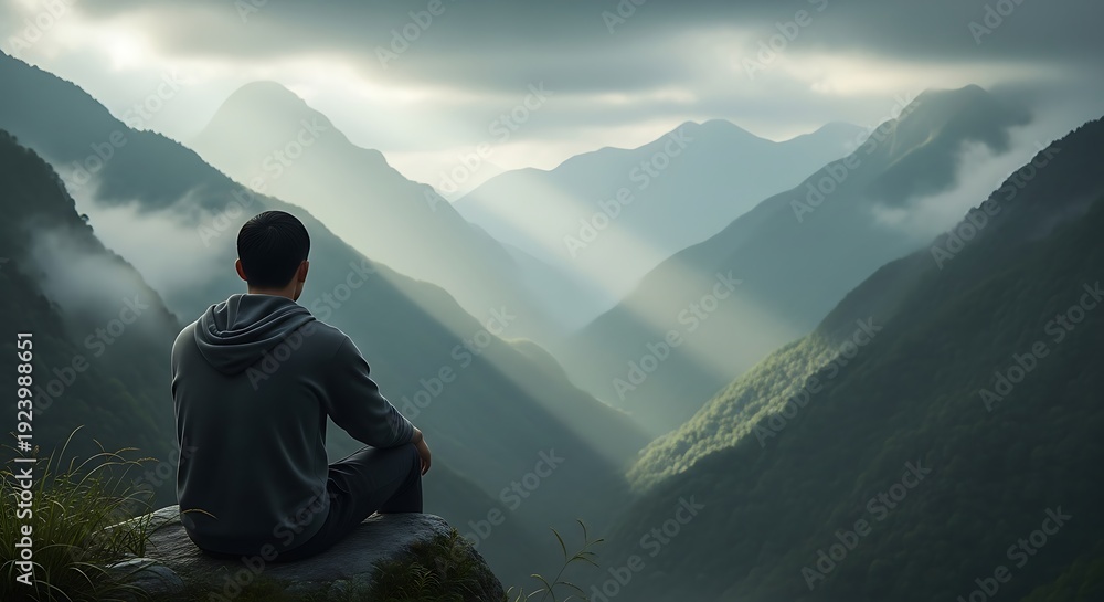 Fototapeta premium Man sitting on mountain peak meditating overlooking serene valley with sun rays piercing through clouds