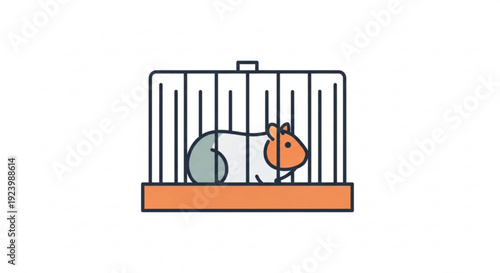 Rodent in cage exercising on grey wheel simple line art illustration orange and grey colors confined space