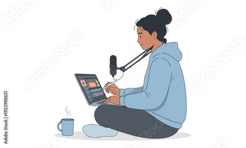 Woman Podcasting and Editing Content on Laptop with Microphone