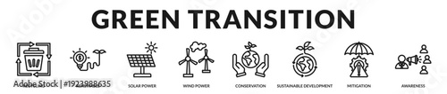 Green transition strategy showcasing renewable integration, recycling systems, and sustainable development momentum in Lineal Icon Style