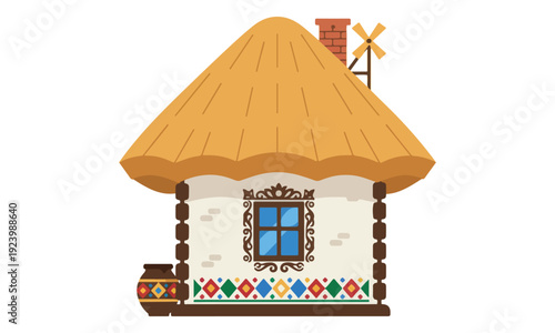 Traditional Ukrainian Hut Icon with Thatched Roof and Folk Decorations