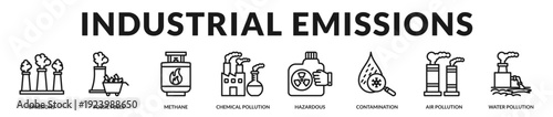 Industrial emissions theme highlighting fossil reliance, atmospheric contamination, and regulatory sustainability efforts in Lineal Icon Style