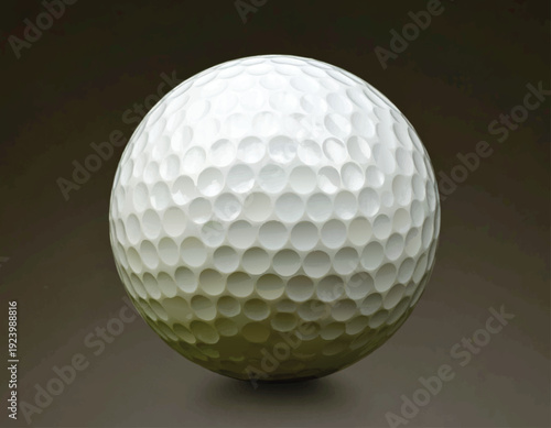 Adobe Illustrator Artwork of A close-up view of a white golf ball with a smooth surface and dimples, highlighted against a gradient dark background. The lighting emphasizes the spherical shape 