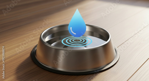 Stainless steel pet bowl with a blue water ripple and droplet on a wooden floor indoors