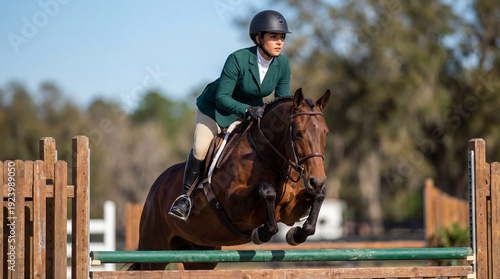 Wallpaper Mural Female equestrian rider jumping over a hurdle on a brown horse. Professional woman in green jacket show jumping in an outdoor arena. Horseback riding sport Torontodigital.ca