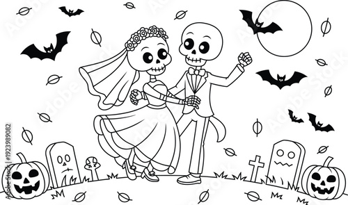 Halloween wedding couple skeletons in love on a spooky night