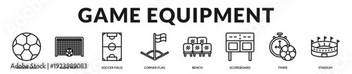 Structured overview of essential game equipment and venue infrastructure for competitive events in Lineal Icon Style