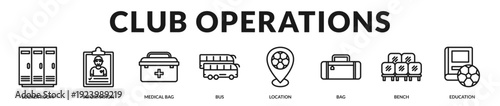 Club operations banner presenting logistical coordination, player support services, and organizational infrastructure in Lineal Icon Style