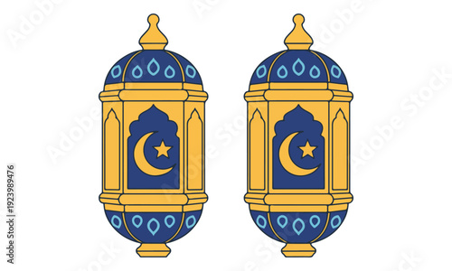 Two Islamic Lanterns with Crescent Moon and Star Illustration