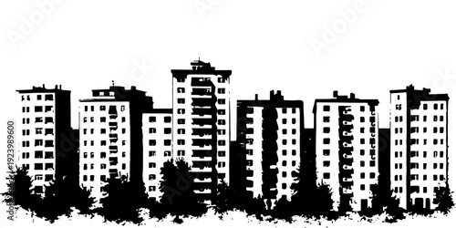 Black and white modern apartment building skyline illustration urban residential cityscape