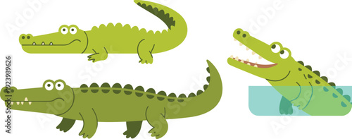 Set of cute cartoon alligator characters, flat vector illustration isolated on white background for kids design