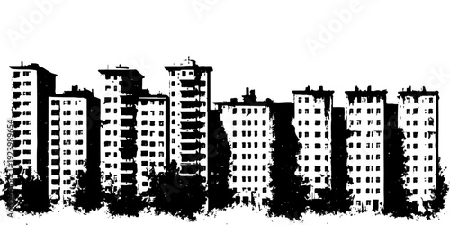 Black and white urban apartment building skyline illustration modern city residential architecture