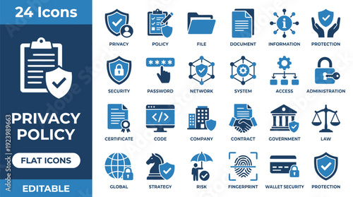 Privacy policy icon set. featuring data protection, security, compliance, user rights, GDPR, cyber law, confidentiality, encryption, and secure authentication. perfect flat icon collection.