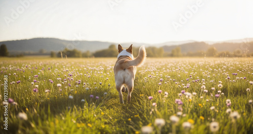 A dog runs face-first across a sunny, blooming field