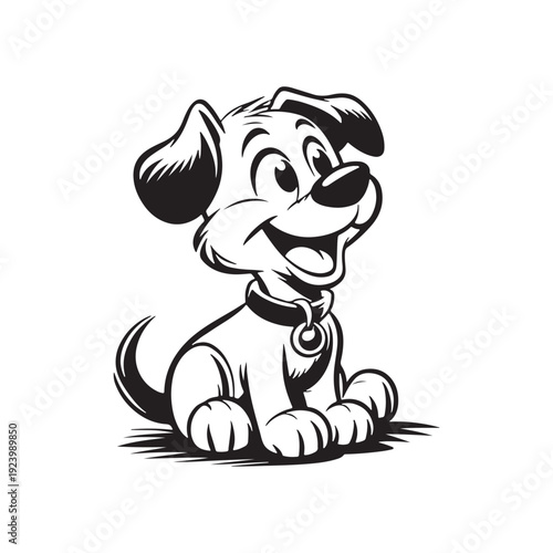 Adorable cartoon puppy sitting happily with collar tag logo

