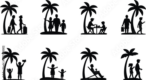 People enjoying tropical vacation with palm trees silhouette set