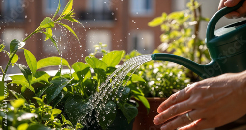 A man carefully waters plants from a green watering can on a sunny balcony