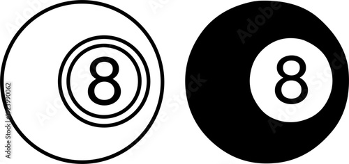 Billiard icon, vector illustration of magic 8 ball, black and white in outline and silhouette design style