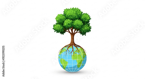 Tree growing on earth globe with green leaves and brown roots symbolizing nature and ecology