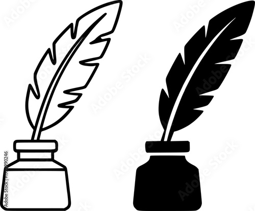 Vintage or antique icon, vector illustration of quill, black and white in outline and silhouette design style