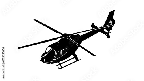 Black helicopter flying in air.