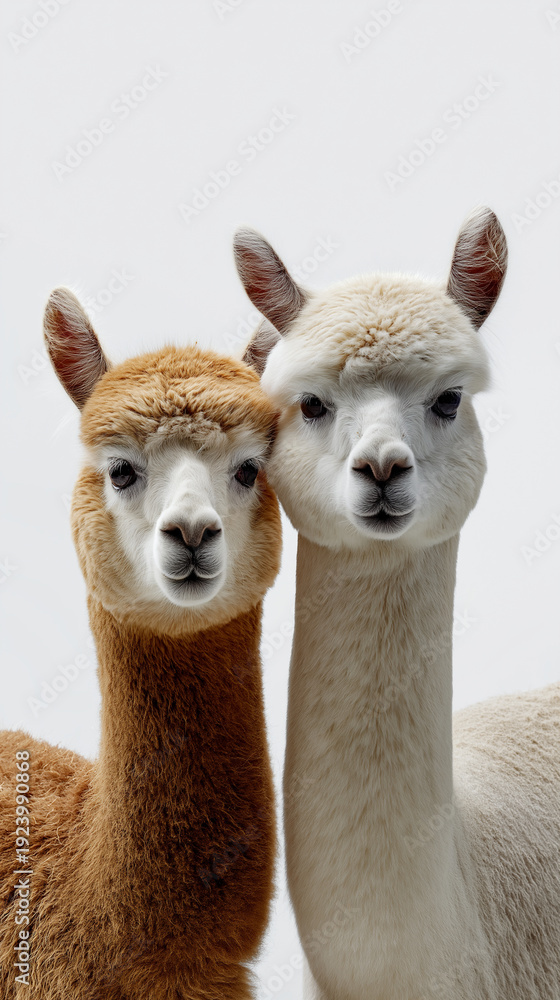 Fototapeta premium Two alpacas standing side by side isolated on white studio background