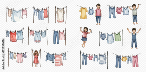 A set of hand-drawn illustrations showing children and laundry hanging on clotheslines to dry.