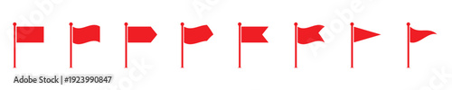 Collection of eight distinct red flags presented on poles in a linear arrangement. These versatile flag graphics can represent different signals warnings or markers.