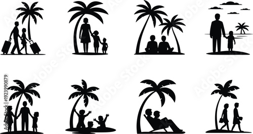 People enjoying tropical vacation with palm trees silhouette