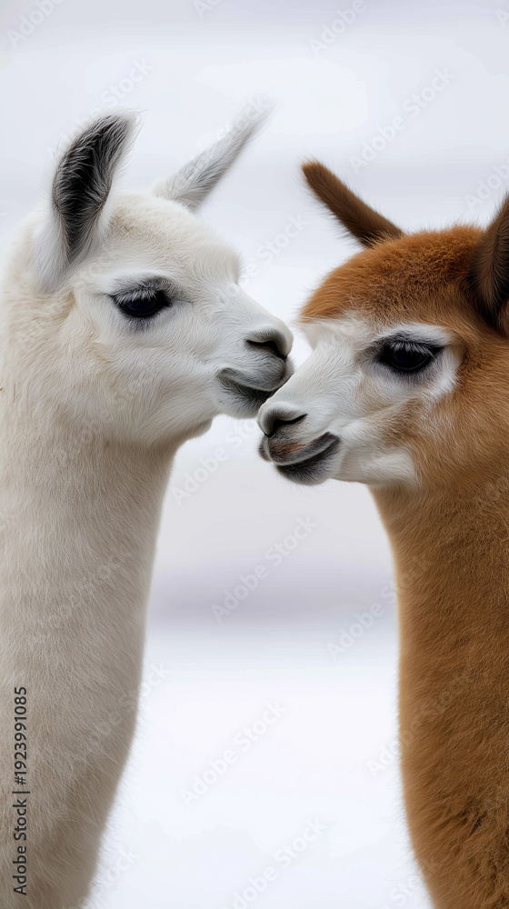 Fototapeta premium Two alpacas facing each other isolated on white background with soft studio lighting