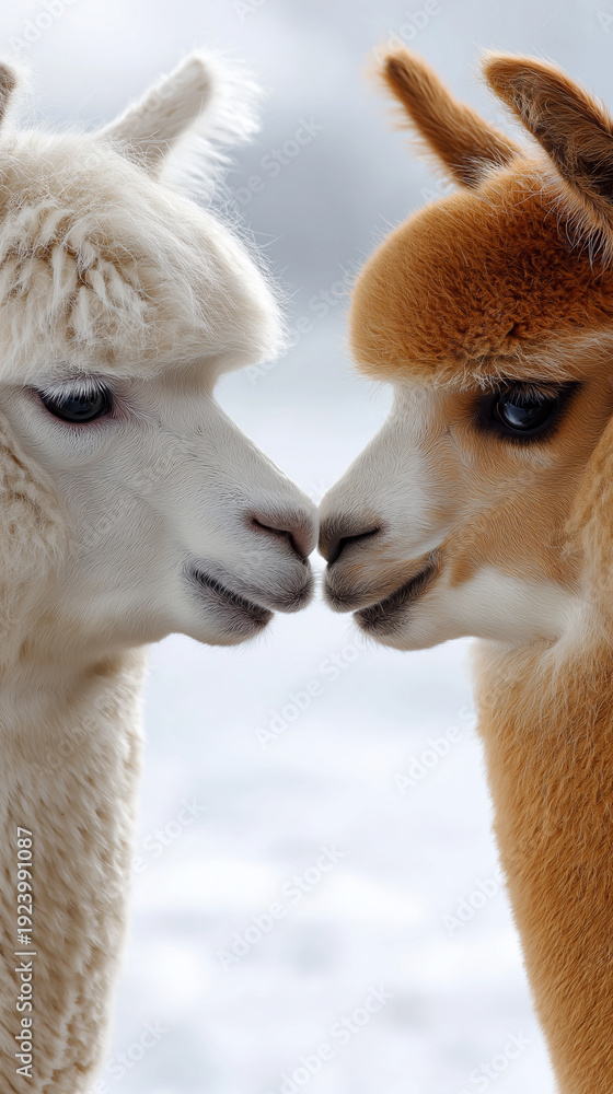 Fototapeta premium Two alpacas facing each other isolated on white background with soft studio lighting
