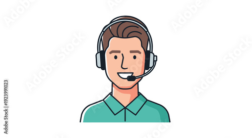 A professional young woman wearing a headset smiles warmly while working on her laptop in a bright modern office setting