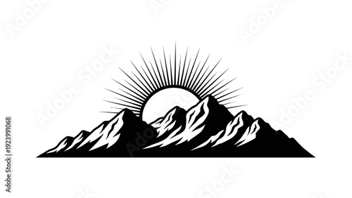 Black and white mountain landscape silhouette.
