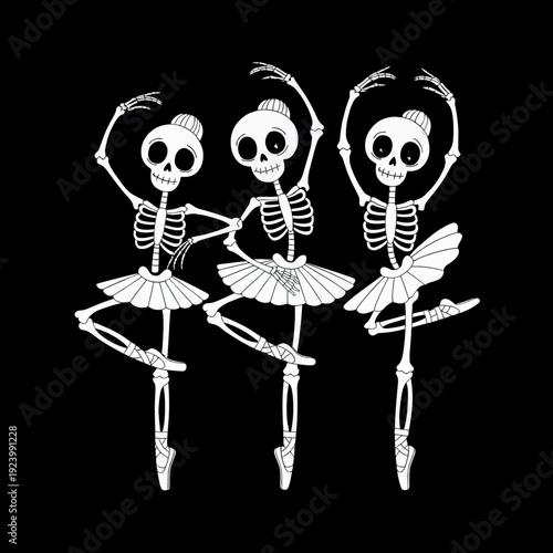 Three skeletons are depicted in graceful ballet poses, each wearing a tutu and ballet slippers.