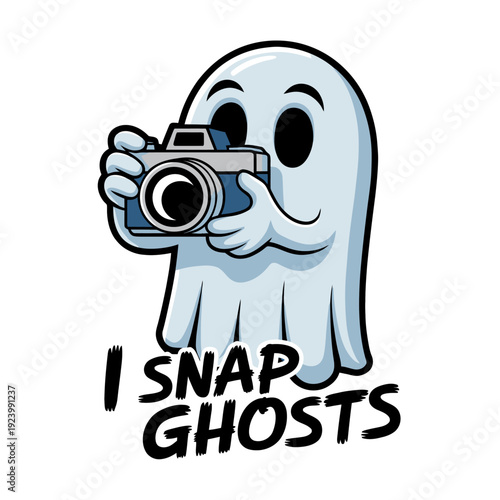 A cartoon ghost cheerfully holds a camera, ready to snap pictures. The text 'I Snap Ghosts' adds a playful twist to the scen