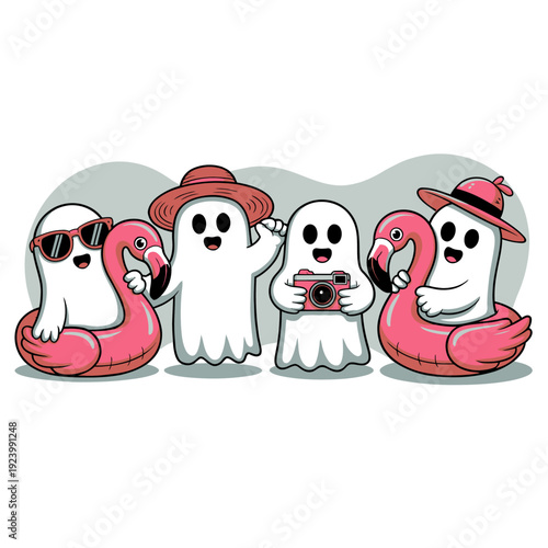 A group of playful ghosts is dressed for a day at the beach, complete with sun hats,