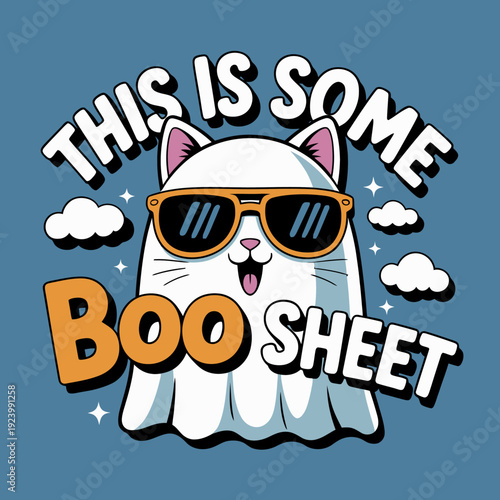 A cartoon cat dressed as a ghost wears stylish sunglasses and grins widely. It is surrounded by fluffy clouds, adding a whimsical touch to the humorous text pun