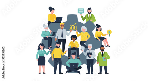 Diverse Business Team Collaboration: Professionals Working Together with Technology for Innovation, Strategy & Growth. Flat vector illustration.