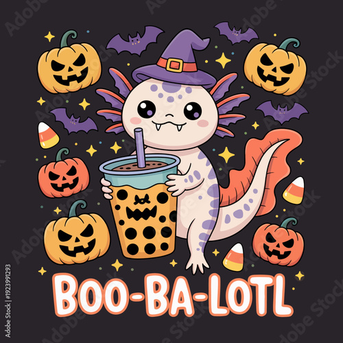 A cute axolotl dressed in a witch’s hat enjoys a bubble tea surrounded by whimsical Halloween elements