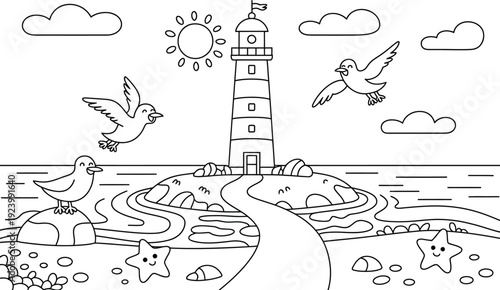 Colorful illustration of a lighthouse with seagulls and sea creatures