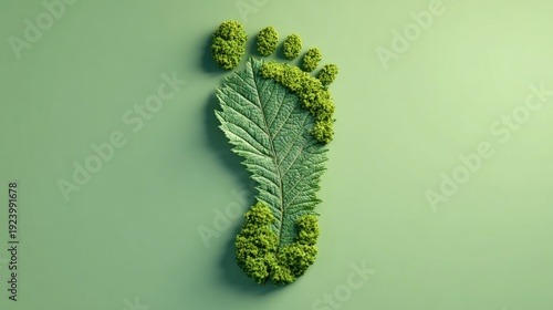 A green footprint made of leaves and moss on a light green background.