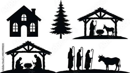 Nativity Scene and Christmas Elements Silhouettes Including Stable, Holy Family and Wise Men Isolated on White Background