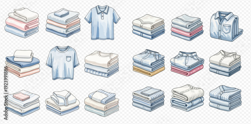 Illustrated set of neatly folded laundry stacks and shirts isolated on a transparent background.