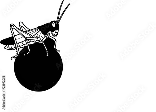 Stylized black and white drawing of a grasshopper perched on a large dark sphere