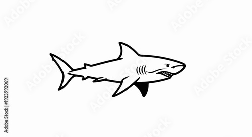 Stylized black and white drawing of a fierce shark with sharp teeth