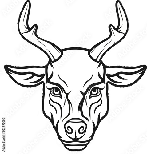 Stylized black and white drawing of a deer's head with prominent antlers and ears