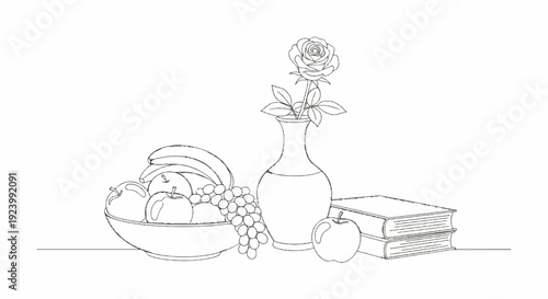 Sketch of fruit bowl, vase with rose, and stacked books