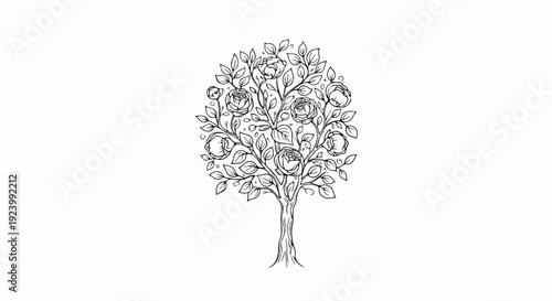 Stylized black and white drawing of a blooming tree with roses and leaves