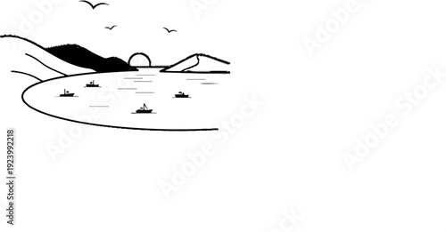 Sketch of sailboats on a calm sea with distant hills and birds flying