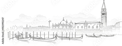 Sketch of Venetian canal with gondolas and historic buildings under a cloudy sky